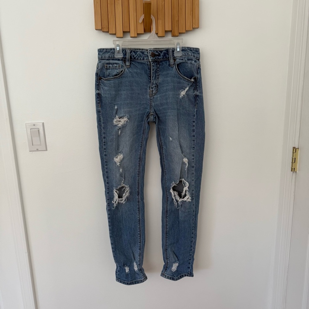 Eunina Distressed Mid- Rise Girlfriend Blue Denim Jeans, Size 1
